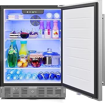 KoolMore 23.4” Built-In Mini Fridge for Food and Beverages with Glass Shelves, Stainless Steel Door, Adjustable Temperature, LED Light, for Home, Office, Garage, or Dorm [5 Cu. Ft.] (KM-BIR5C-SS)