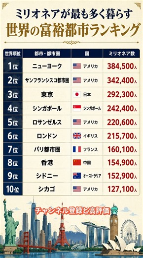 ミリオネアが最も多く暮らす世界の富裕都市ランキング