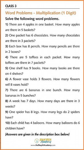 📋 Word Problems - Multiplication (1 Digit) | Maths Worksheet with Answers 🧑🏻‍🏫 | Class 3 #shorts
