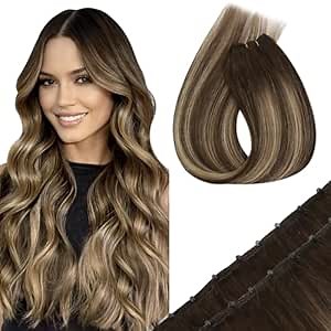 Sunny Hair Beaded Weft Extensions Human Hair Balayage 22inch Brown Micro Weft Human Hair Extensions Real Human Hair Chocolate Brown Roots to Caramel Blonde Mix Brown 50g