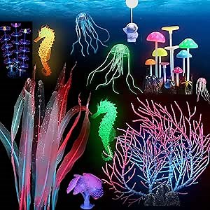 11 Pieces Glowing Fish Tank Decorations Plants with 2 Silicone Glowing Seahorses,Simulation Coral,Glow Jellyfish,Diving Astronaut,Mushroom,Kelp, Sea Anemone for Aquarium Fish Tank Glow Ornament