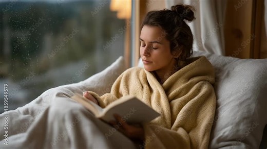 A book reviewer livestreaming a cozy reading session, curled up with a blanket while ASMR page turns and soft rain sound effects create an immersive mood — bookish livestream aesthetic, slow