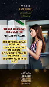 5.7K views · 16 reactions | Based on the clues, help her find her PIN #math #mathtutor #mathstudent #foryouシ #education #AsistenAndGermanAcademy #MathAvenue #MathCommunity #Puzzles #viralpage #mathpuzzles #mathwithjudi | Math Avenue : Learn Math By Examples | Facebook