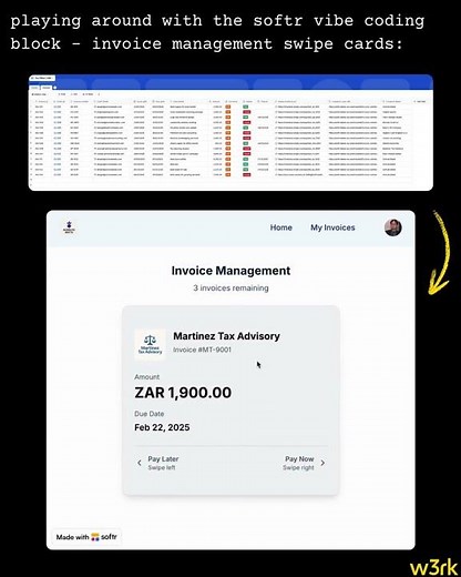 Swipe-based finance UX - Playing around in Softr using the Vibe Coding block