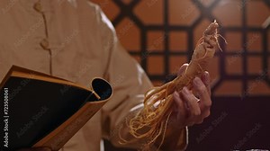 The hand is holding a ginseng root and looking closely. Ginseng is a precious medicinal herb in traditional medicine, with high nutritional value. Close-up shots for commercial purposes.