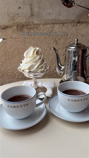 Sweater weather = hot chocolate time. ☕️ No better place to do it than in Paris, where they make it like you’re drinking a melted chocolate bar. 😅 And I always make it my mission to use the entire coupe of freshly whipped Chantilly cream. It’s a lot! 📍Carette 25 Pl. des Vosges, 75003 Paris, France | Pastry with Jenn
