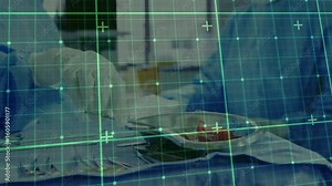 Green grid initiating scan as gloved hand entering medical tray, grabbing forceps and moving tissue