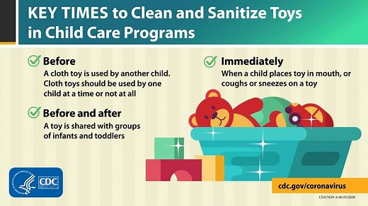 To help slow the spread of COVID-19, keep these key times in mind for when to clean and sanitize toys and games in your childcare facility. How to clean and sanitize toys: - Clean plastic or rubber toys with warm soapy water. Sanitize with EPA-registered disinfectant, rinse, and air dry. - Launder plush or cloth toys in the washing machine at warmest setting. - Wipe down electronic or wooden toys with alcohol-based wipe or spray with 70% alcohol. Toys that cannot be cleaned and sanitized should 