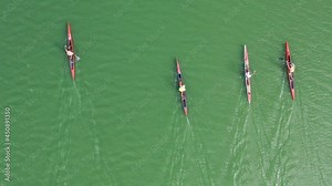People Kayaking on River. Center for Sports Training in Kayaking and Canoeing. Athletes in Training, City Rowing Canal. Kayak Water Sports. People Boating on River. View from above. Drone shooting