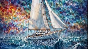 Landscape wallpaper with sailboat on the ocean, beautiful sunset, stormy mosaic sky background and bird gull flying low over sea ​​waves, strong wind whips up sea waves into foam Stock Video