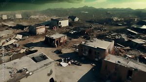 Video of post-apocalyptic scene featuring desolate, destroyed urban landscape with dilapidated buildings and gloomy sky. destruction, desolation, dystopia, for apocalyptic and survival concepts
