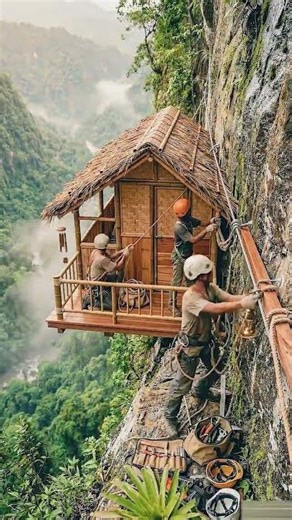 Final Assembly of a Cliffside Bamboo Cabin‼️🏡🧗‍♂️🌿⛰️🔧..#ExtremeConstruction