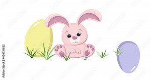 Happy Easter 4K animated greeting card with pink rabbit, pastel colored painted eggs, grass and cute lettering. Stock horizontal video in 4K, 2K, 2.5 K, HD, SD formats.