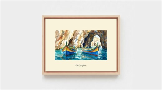 Maltese Luzzu Boats Painting | Ancient Eyes of Osiris Art | Mediterranean Sea Cave | Digital Download