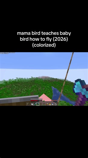 Mama Bird Guides Baby Bird to Fly in Colorized Minecraft