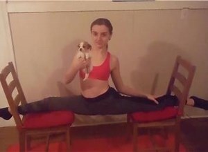 Longest Leg Split On Two Chairs While Holding A Puppy