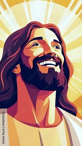jesus christ face smiling with halo and rays of light cartoon style animation isolated. represent jesus love, ascention, ressurection, and transformation - 4k 9x16 vertical stock video footage AI