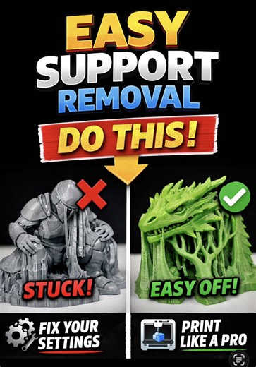 How to Make 3D Print Supports Easier to Remove If your supports are sticking too much to your prints, the issue usually comes down to slicer settings, temperature, and model orientation. Here’s how to fix it. ⸻ 1. Adjust Z Distance (Most Important Setting) This controls the gap between the support and your model. Recommended values: \t•\tPLA: 0.20 – 0.28 mm \t•\tPETG: 0.25 – 0.35 mm \t•\tABS: 0.20 – 0.30 mm If supports are hard to remove → increase Z distance If the underside quality is poor → d