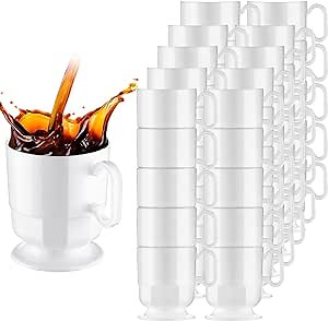 Dandat 50 Pcs White Hard Plastic Coffee Cup Tea Party Cup with Handle 8 oz Disposable Coffee Mug Bulk Reusable Espresso Mug for Tea Party School DIY Craft Birthday Dessert