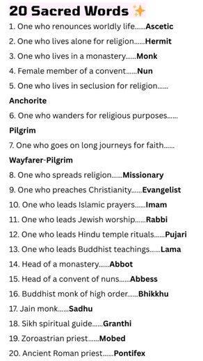 7.7K views · 960 reactions |  Words of Faith — Learn 20 Sacred Terms Every Learner Should Know! Ever wondered what a Hermit, Abbess, or Pilgrim really means? Here’s your sacred vocabulary list — simple, spiritual & super useful for exams or writing!  ✨ Learn. Reflect. Grow. #EnglishVocabulary #LearnEnglishDaily #WordPower #SpiritualWords #EnglishForStudents #VocabularyBoost, | English With RANI MAM | Facebook