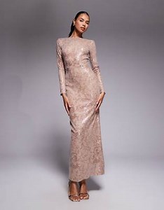 Jaded Rose foil sequin long sleeve maxi dress in soft gold | ASOS