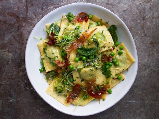 Spring Pea Ravioli With Prosciutto & Pea Shoots