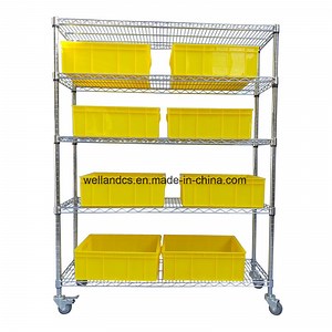 [Hot Item] Factory Price Modular 5 Tiers Chrome Steel Wire Shelving Trolley with Storage Bin