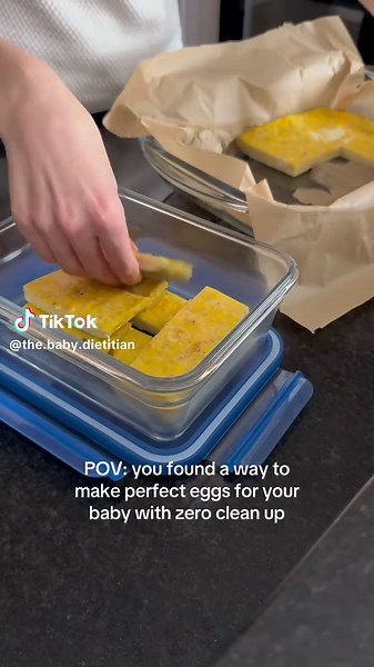 Ingredients: - 10 eggs - seasonings of choice (garlic powder, onion powder, nutritional yeast, etc.) - optional veggie add-in (finely diced cooked broccoli or bell peppers) - 1/2 cup milk of choice - Optional add-ins - 1/2 cup cheese, 1/2 cup cottage cheese Directions: - Preheat oven to 350. - Add parchment paper to 9x13 baking dish - Whisk eggs. - Add all ingredients into bowl with eggs and mix together - Pour mixture into pan and cook for 30 minutes or until eggs are thoroughly set. #blw #bake