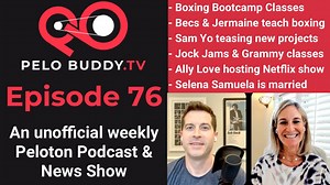 Welcome to Episode 76 of Pelo Buddy TV, an unofficial Peloton podcast and Peloton News show. This week, our top Peloton news stories include: - Peloton has added boxing bootcamp classes to the platform. - Becs Gentry & Jermaine Johnson are teaching shadowboxing. - Sam Yo is teasing several new Peloton projects he is working on. - Jess Sims taught 3 Jock James clases. - Peloton cancelled most of their live classes Thursday morning & afternoon in NYC - There were several special Pride 365: TDoV Cl