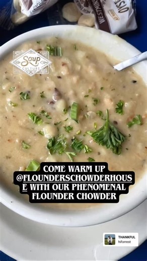It's loaded with fresh seafood and great for chilly days on the beach! | Flounders Chowder House
