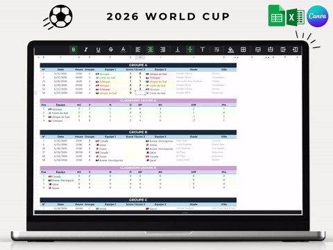 Seguimiento de la Copa Mundial de Fútbol 2026 en Excel y Google Sheets: Calendario de partidos, resultados, clasificaciones, panel de estadísticas, cuadro del torneo imprimible en PDF, plantilla de Canva. - Etsy España
