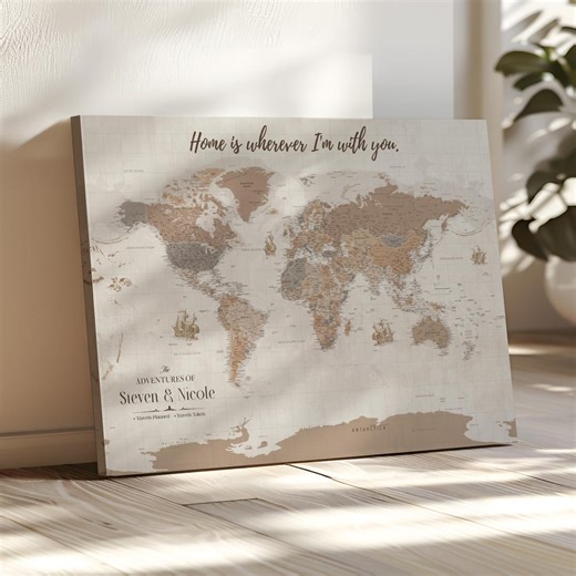 Personalized Antique World Map Wall Art, Custom Travel Map Canvas Print With Floating Frame or Poster - Etsy