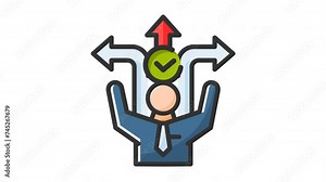 Animated decision making with person, checklist and arrows pointing up, left and right. Suitable for motivation, choice, solution, success, brainstorming, discussion concept in business presentation