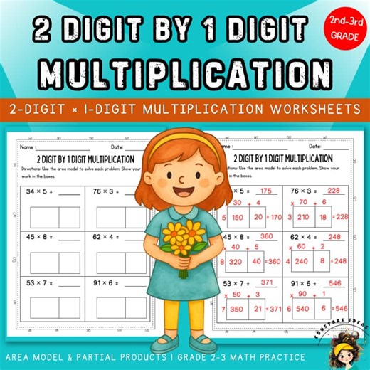 2 Digit by 1 Digit Multiplication - Partial Products - Area Model 2nd-3rd Grade