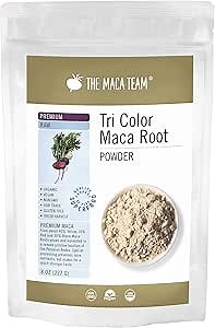 The Maca Team Tri-Color Raw Organic Maca Powder, 40% Yellow, 30% Red & 30% Black Maca Blend, 8 oz, 25 Servings