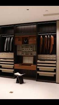Luxury Leather Walk In Closet With Built In Vanity And LED Storage Design | VSME