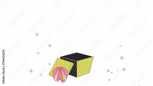Confetti out of gift box open line 2D object animation. Unwrapped present surprise flat color cartoon 4K video, alpha channel. Birthday, Christmas. Giftbox opening animated item on white background