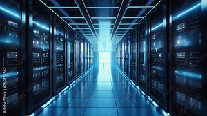 Internet concept data background,Corridor in Working Data Center Full of Rack Servers and Supercomputers