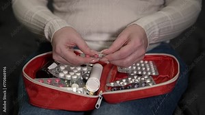 medicines and first aid kit. Slow motion video.High quality 4K footage