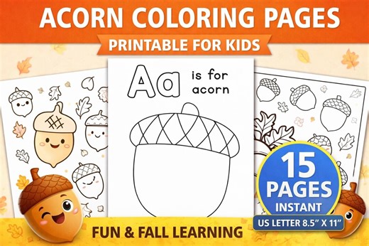 Acorn Coloring Pages Printable | Fall Coloring Worksheets for Kids | Preschool Autumn Activity | A is for Acorn | Instant Download PDF - Etsy