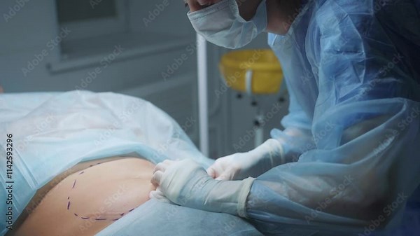 Surgeon performs liposuction on a patient in a sterile clinical environment to enhance body shape and remove excess fat. The careful process ensures safety and effectiveness.