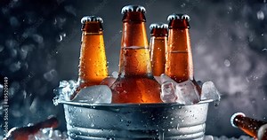 Ice-cold beer bottles with condensation in a bucket filled with ice, perfect for summer