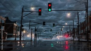 Storm clouds gather over city streets as rain begins to fall and traffic lights change colors in the evening