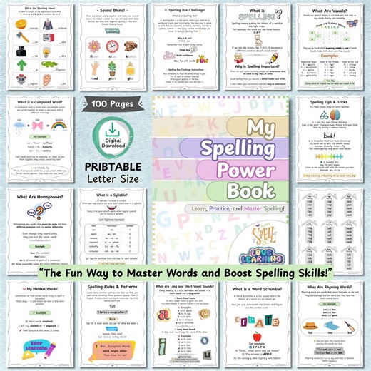Printable Spelling Workbook for Kids | Vowels Consonants, Sight Words, Rhyming Words, Homophones | Spelling Guide | Homeschool & Classroom - Etsy