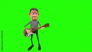 Animated male musician cartoon character plays lead electric guitar in looping pattern while pointing his instrument like a gun at the crowd multiple times in front of green screen background