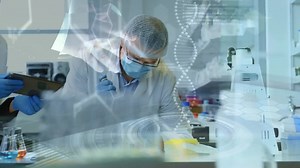 Animation of dna strand and data processing over diverse scientists in lab | Premium Stock Video Footage