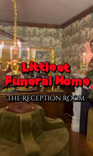 Since I’m on a trip, I figured it’s a good time to do some photo tours! Here’s the funeral home reception room! #mini #miniature #funeral #doll #dollhouse #fyp #weird #oddities #tiktokinteriordesigncontest