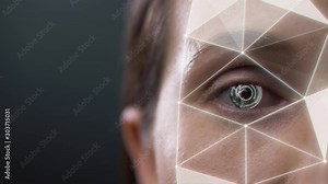 Animation 3d recognition scanning of the face eye of man or woman. facial recognition protection and scan safety. future sci-fi animation , security, scanning and password banking access.