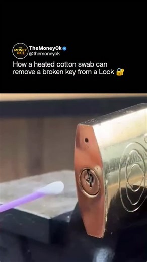 The Money Ok on Instagram: "This post features a viral DIY life hack demonstrating how to remove a broken key stuck inside a lock using a cotton swab and heat. In the 15-second clip, the cotton swab is briefly lit so the plastic stem softens, then carefully pressed into the lock. Once the plastic cools and hardens around the broken key, it creates enough grip to pull the fragment out. the video humorously references a Christmas skit while delivering a surprisingly practical solution. Its simple,