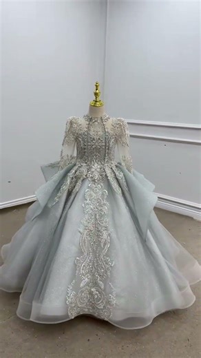 High neck long sleeve ball gown grey girl formal prom dress